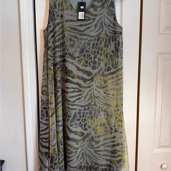 Kozan Zebra Print Midi Sheer Mesh Overlay Dress Size Medium Muted Gray Green NWT - Picture 7 of 13